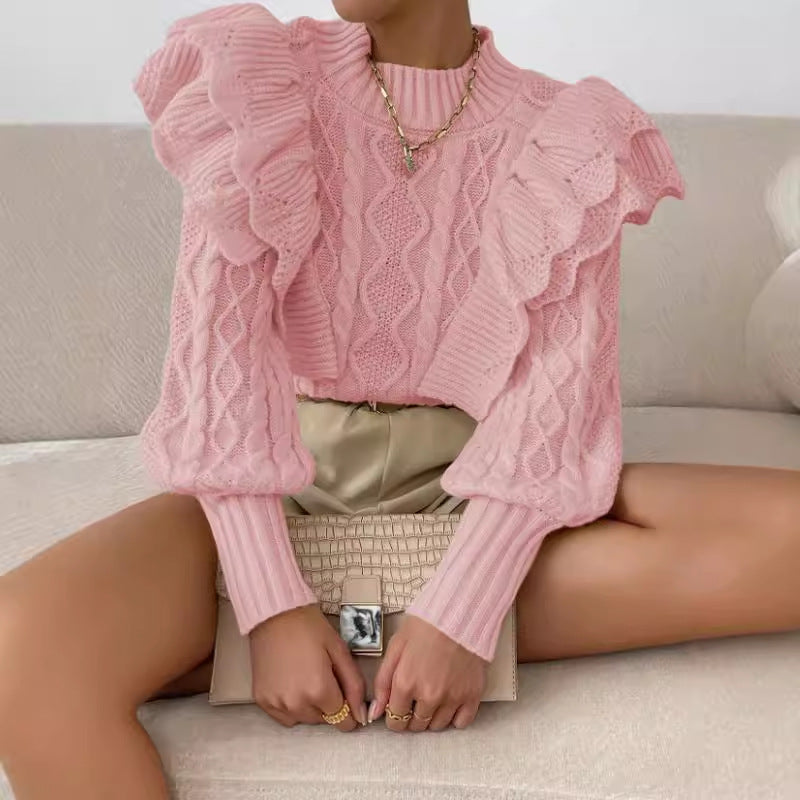 Womens Cropped Sweater with Ruffle Shoulders - Black Cable Knit Long Sleeve 3