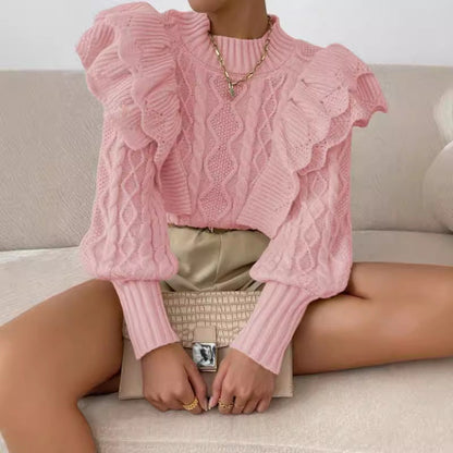 Womens Cropped Sweater with Ruffle Shoulders - Black Cable Knit Long Sleeve 3