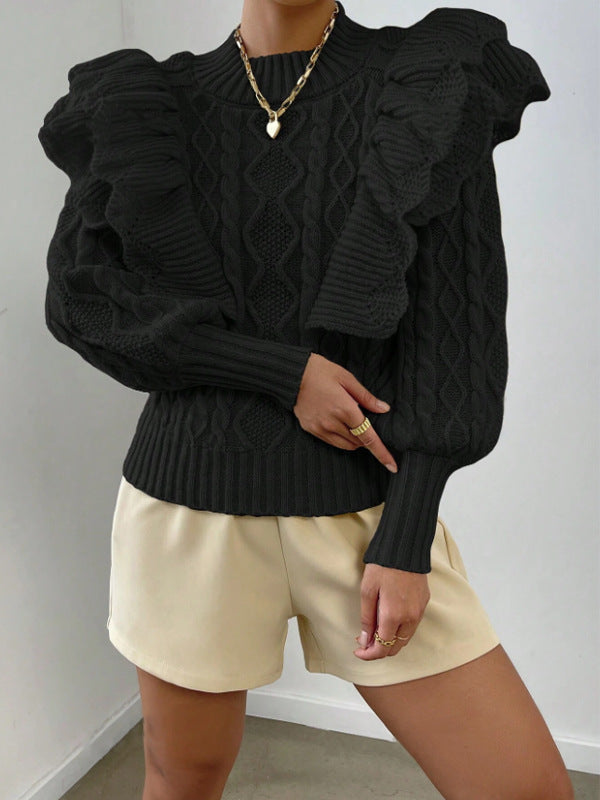 Womens Cropped Sweater with Ruffle Shoulders - Black Cable Knit Long Sleeve 4