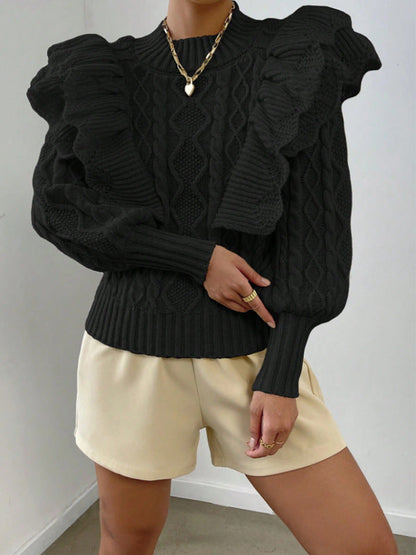 Womens Cropped Sweater with Ruffle Shoulders - Black Cable Knit Long Sleeve 4