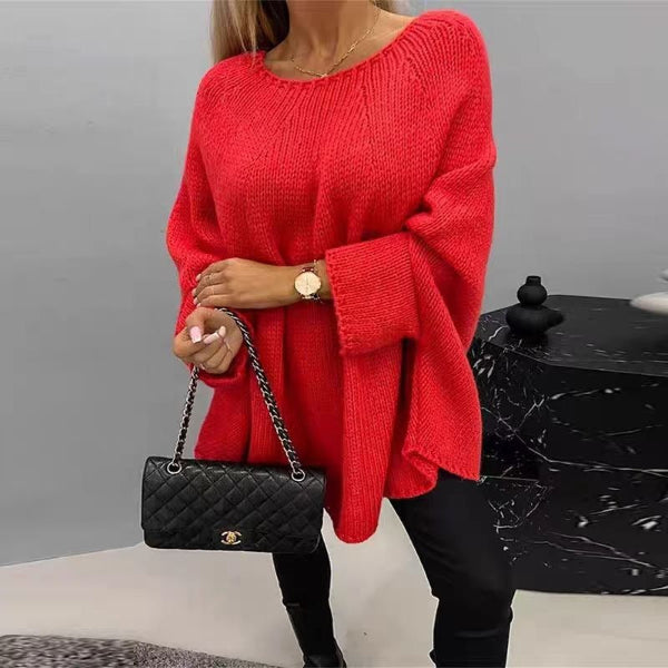 Oversized Women's Sweater with Batwing Sleeves - Soft Wool Blend, Hip Length 1