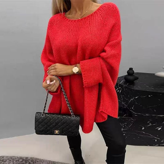 Oversized Women's Sweater with Batwing Sleeves - Soft Wool Blend, Hip Length 1