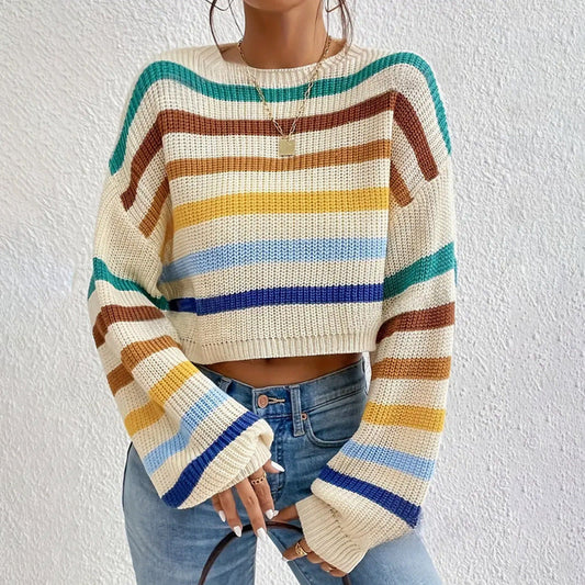 Oversized Women's Sweater with Striped Design and Dropped Shoulders - Knit Crew Neck 1