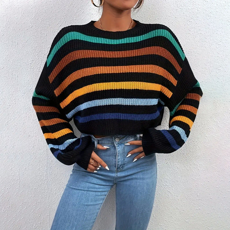 Oversized Women's Sweater with Striped Design and Dropped Shoulders - Knit Crew Neck 2