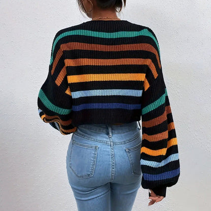 Oversized Women's Sweater with Striped Design and Dropped Shoulders - Knit Crew Neck 3