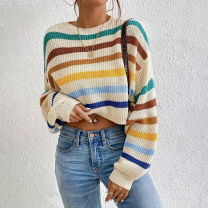 Oversized Women's Sweater with Striped Design and Dropped Shoulders - Knit Crew Neck 4