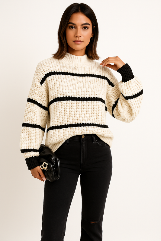 Womens Relaxed Fit Knit Sweater with Textured Stripes 1
