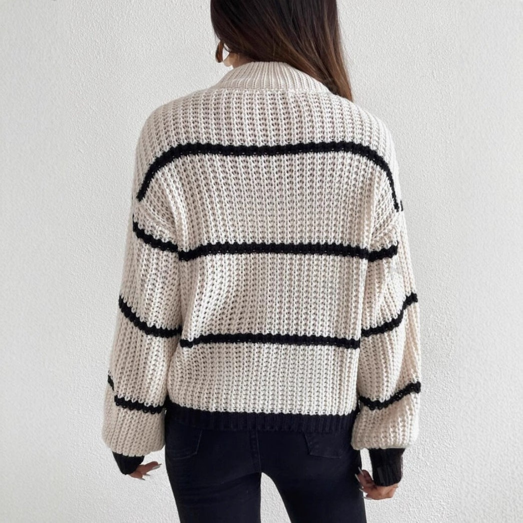 Womens Relaxed Fit Knit Sweater with Textured Stripes 3