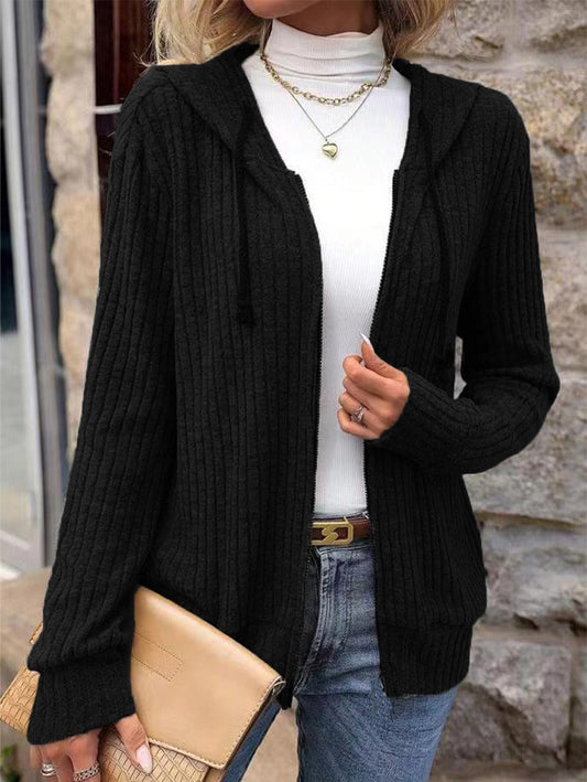 Womens Hooded Knit Sweater - Relaxed Fit with Ribbed Texture and Zip Front 1