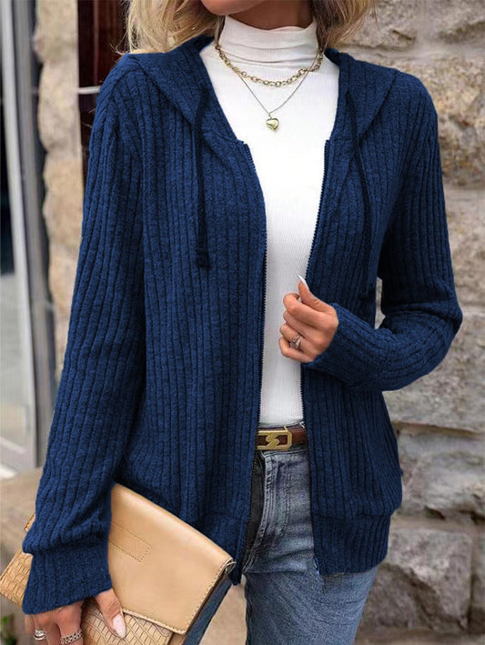 Womens Hooded Knit Sweater - Relaxed Fit with Ribbed Texture and Zip Front 2