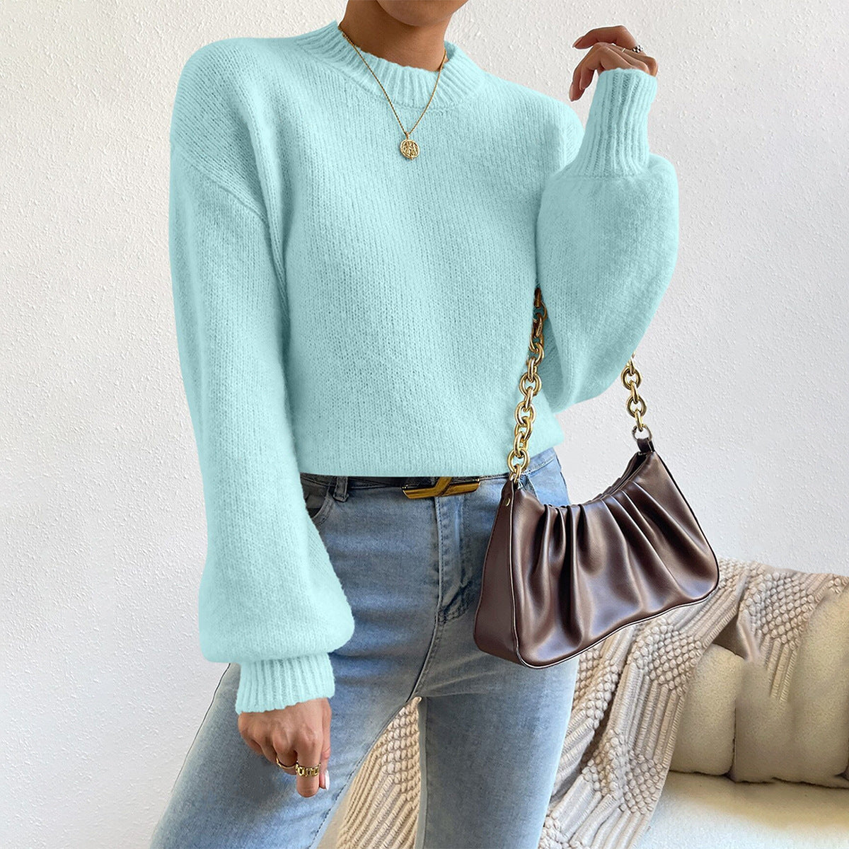 Womens Relaxed Fit Knit Sweater - Soft Touch Crew Neck with Ribbed Cuffs 1