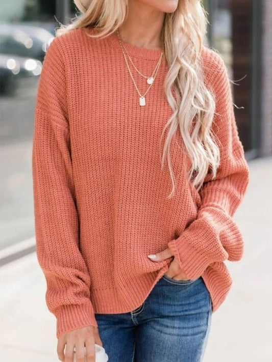 Womens Knit Sweater - Ribbed Texture - Relaxed Fit - Crew Neck Long Sleeve 1