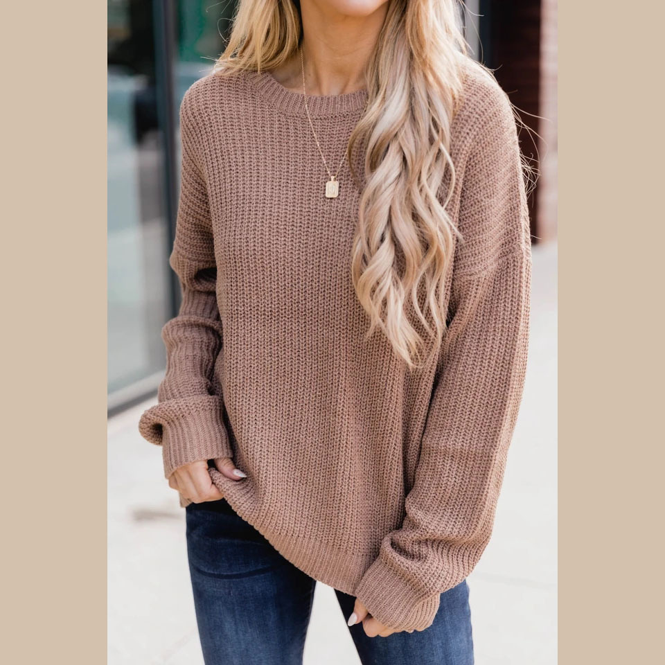 Womens Knit Sweater - Ribbed Texture - Relaxed Fit - Crew Neck Long Sleeve 3