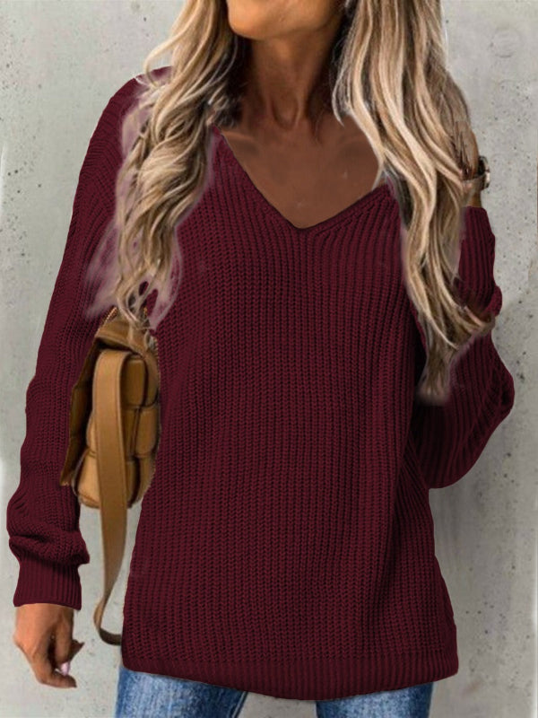 Women’s Oversized V-Neck Sweater – Ribbed Texture Long Sleeve Casual Knit 11