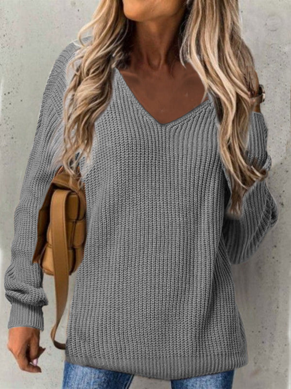 Women’s Oversized V-Neck Sweater – Ribbed Texture Long Sleeve Casual Knit 9