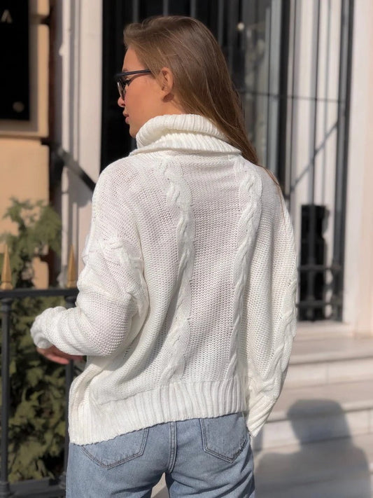 Womens Chunky Cable Knit Sweater - Relaxed Fit Turtleneck in Wool Blend 1