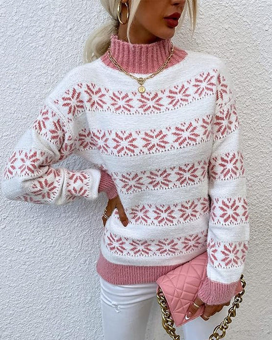 Womens Sweater White Wool Blend Half Turtleneck Snowflake Design 1