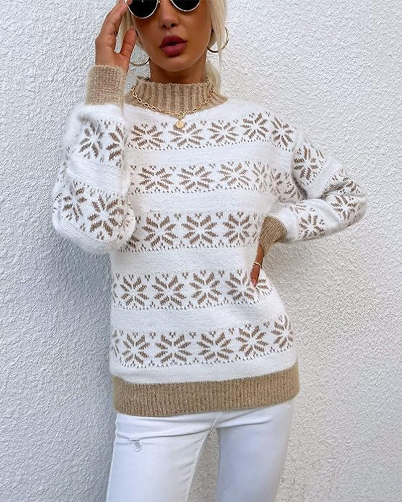 Womens Sweater White Wool Blend Half Turtleneck Snowflake Design 3