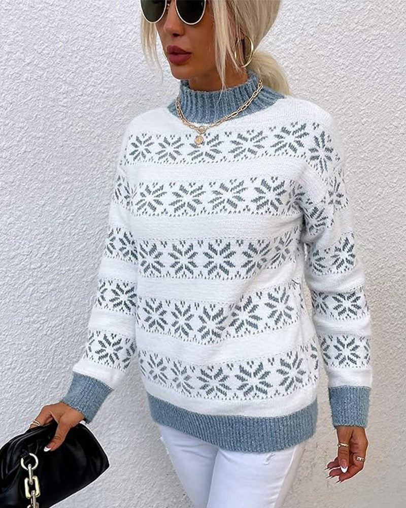 Womens Sweater White Wool Blend Half Turtleneck Snowflake Design 4