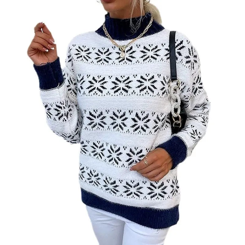 Womens Sweater White Wool Blend Half Turtleneck Snowflake Design 5
