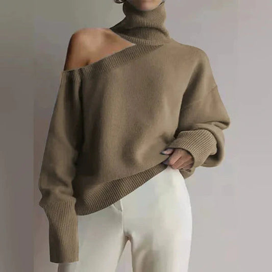 Womens Oversized Knit Sweater - Wool Blend Turtleneck with Shoulder Cut-Out 1