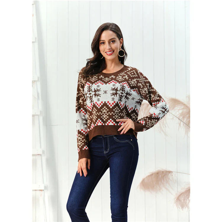 Womens Chunky Knit Sweater with Fair Isle Pattern – Relaxed Fit Wool Blend Hip Length 1