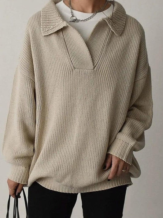 Oversized Women's Sweatshirt in Soft Wool Blend with V-Neck Collar - Cozy Knit Top 1