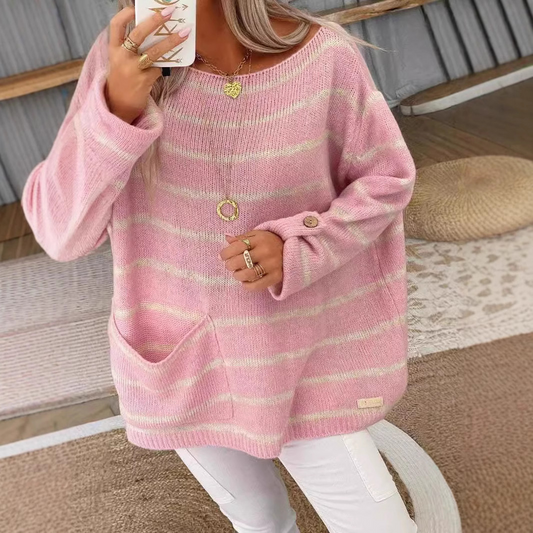 Oversized Striped Knit Sweatshirt for Women - Cozy Wool Blend with Pockets 1