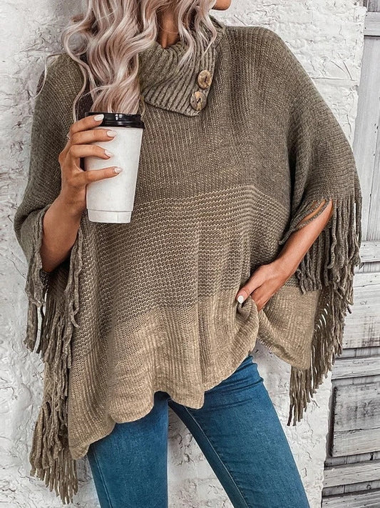 Oversized Ribbed Turtleneck Knit Top for Women – Soft Cozy Fabric with Fringed Hem 1
