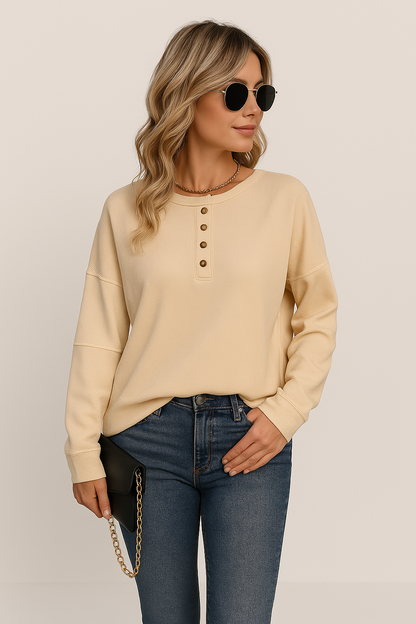 Womens Relaxed Fit Knit Top, Long Sleeve Button Front Blouse for Casual Wear 1