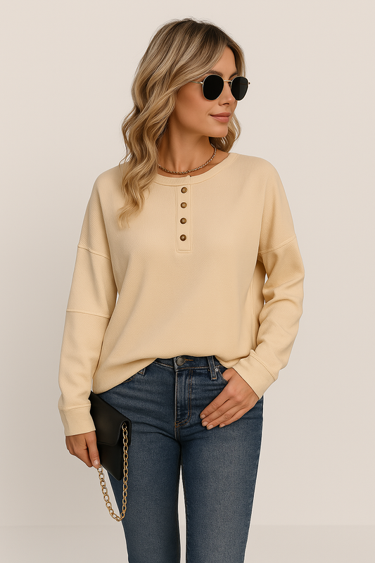 Womens Relaxed Fit Knit Top, Long Sleeve Button Front Blouse for Casual Wear 1