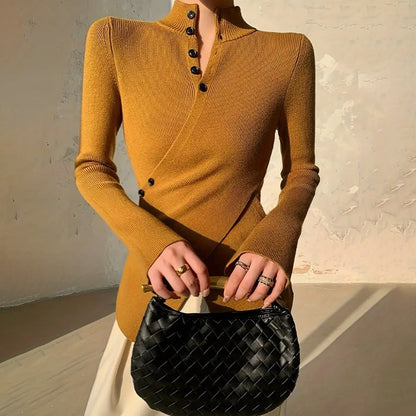 Chic Womens Knit Top - Slim Fit, High Neck, Asymmetric Hem 3