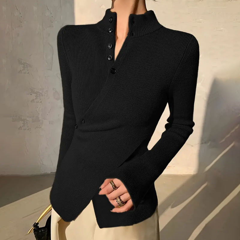 Chic Womens Knit Top - Slim Fit, High Neck, Asymmetric Hem 4