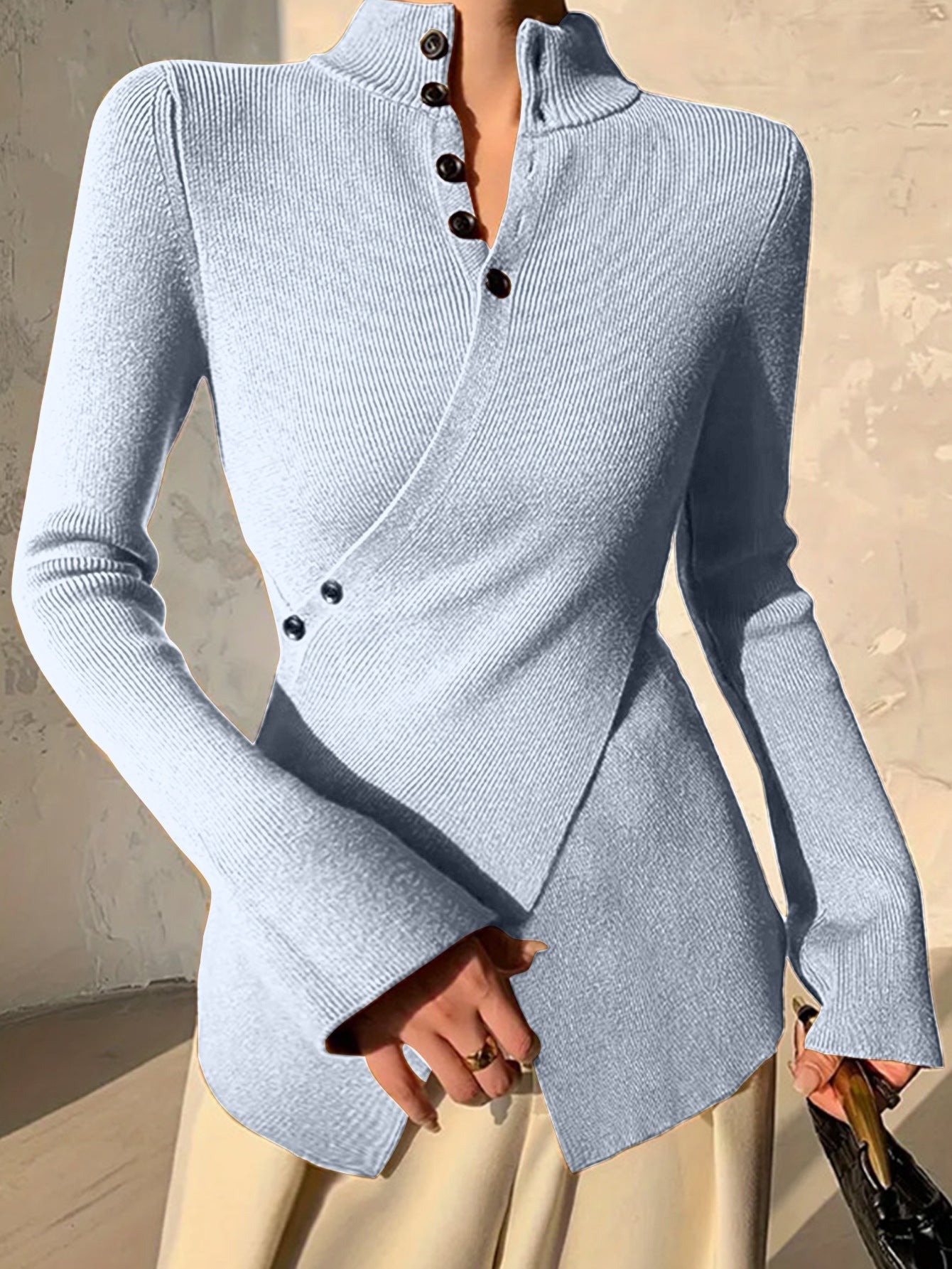 Chic Womens Knit Top - Slim Fit, High Neck, Asymmetric Hem 5