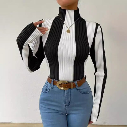 Womens Slim Fit Knit Top - Ribbed Stretch Fabric with Mock Neck 1