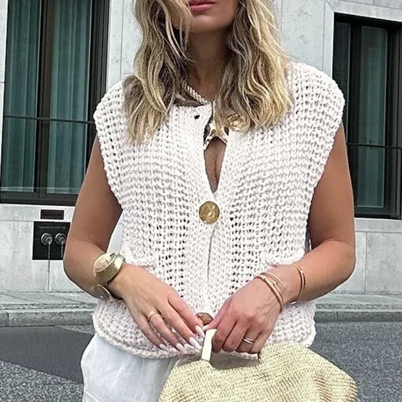 Women's Knitted Chic Metal Button Sleeveless Vest 1