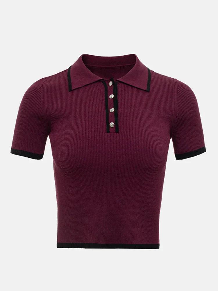 Womens Ribbed Knit Polo Shirt - Short Sleeve with Button Placket 1