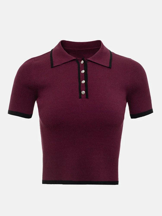 Womens Ribbed Knit Polo Shirt - Short Sleeve with Button Placket 1