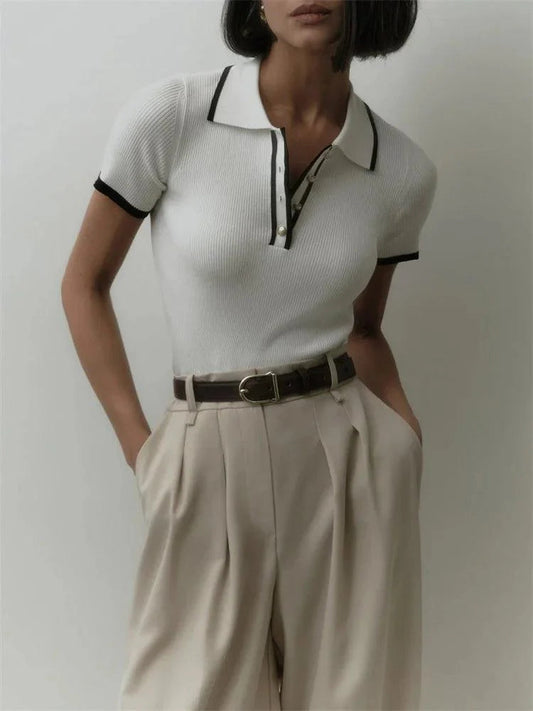 Womens Ribbed Knit Polo Shirt - Short Sleeve with Button Placket 2
