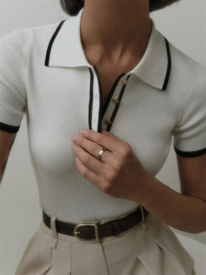 Womens Ribbed Knit Polo Shirt - Short Sleeve with Button Placket 3