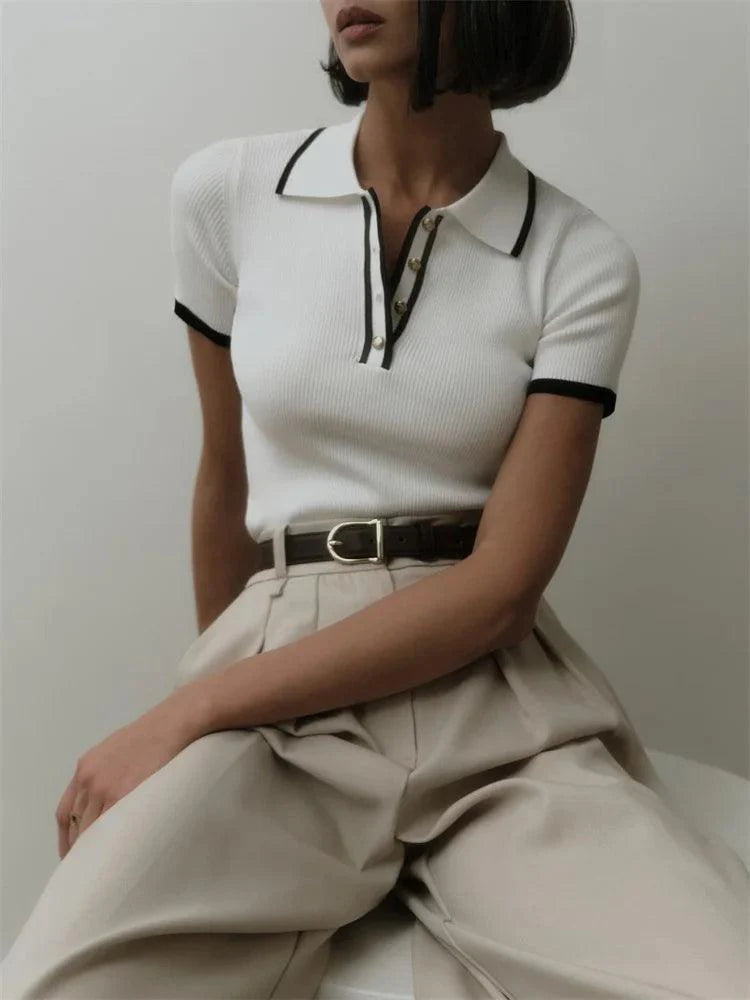 Womens Ribbed Knit Polo Shirt - Short Sleeve with Button Placket 4