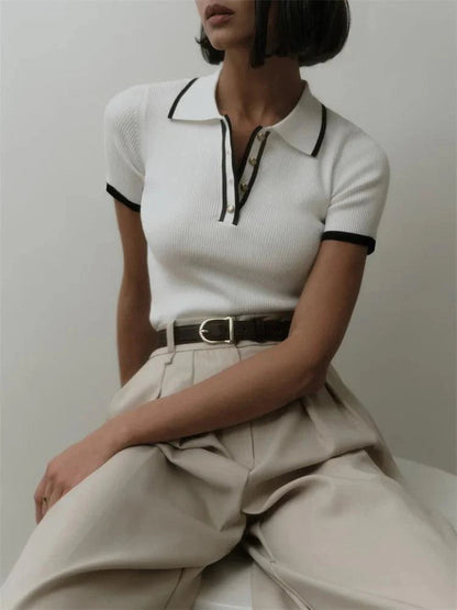 Womens Ribbed Knit Polo Shirt - Short Sleeve with Button Placket 4
