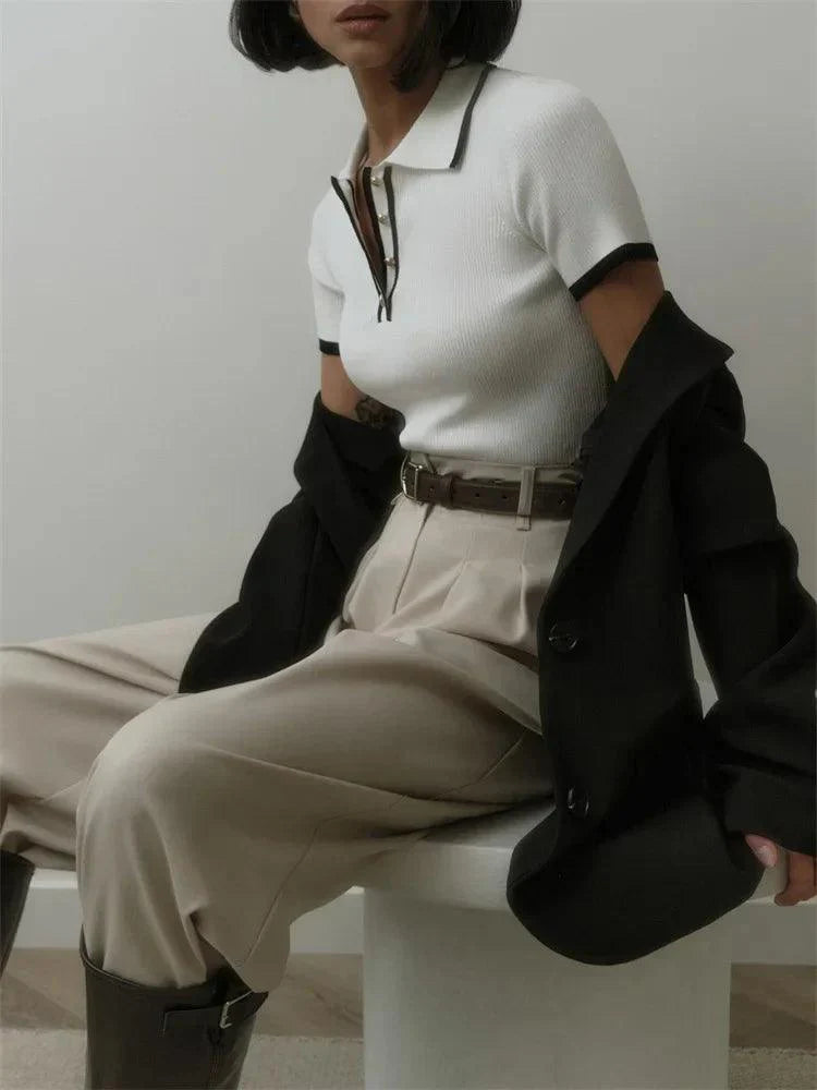Womens Ribbed Knit Polo Shirt - Short Sleeve with Button Placket 5