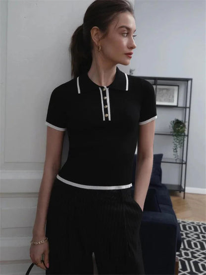 Womens Ribbed Knit Polo Shirt - Short Sleeve with Button Placket 6