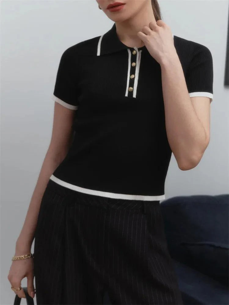 Womens Ribbed Knit Polo Shirt - Short Sleeve with Button Placket 7