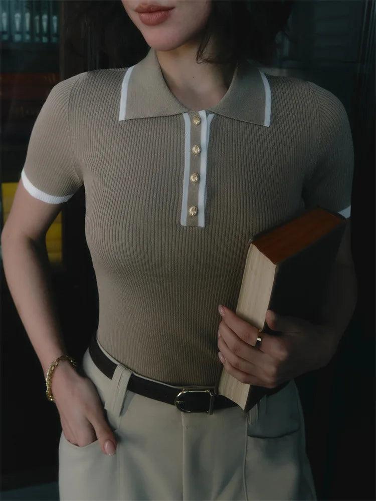 Womens Ribbed Knit Polo Shirt - Short Sleeve with Button Placket 8