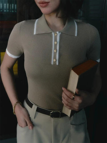 Womens Ribbed Knit Polo Shirt - Short Sleeve with Button Placket 8