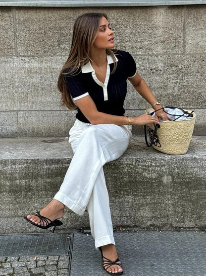 Womens Ribbed Knit Polo Shirt – Short Sleeve Buttoned Placket – Casual White Polo Shirt 3