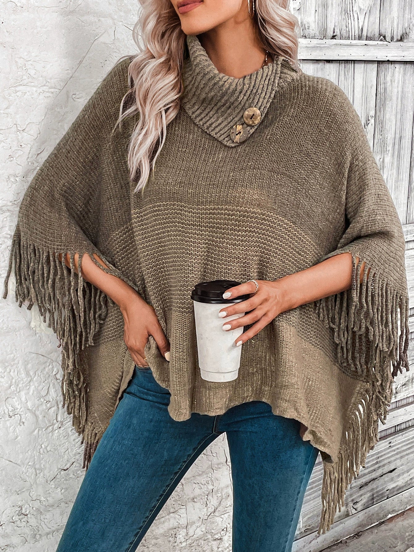 Stylish Womens Oversized Knitted Poncho - Wool Blend with Lapel Neck and Fringe Hem 1