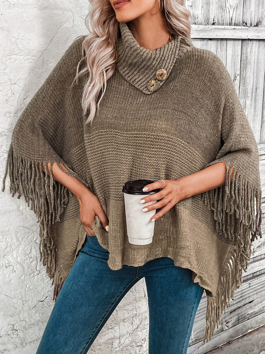Stylish Womens Oversized Knitted Poncho - Wool Blend with Lapel Neck and Fringe Hem 1